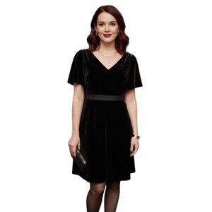Ann Taylor New Petite Velvet V-neck Flutter Sleeve Dress 12P Black Party